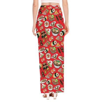 Japanese Food Pattern Print High Slit Maxi Skirt