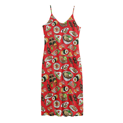Japanese Food Pattern Print Jersey Midi Cami Dress