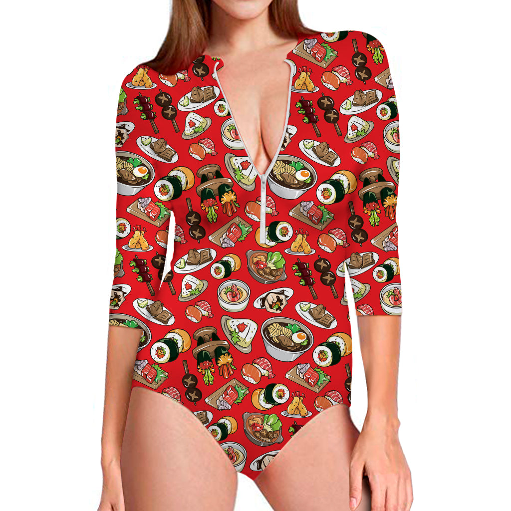 Japanese Food Pattern Print Long Sleeve Swimsuit
