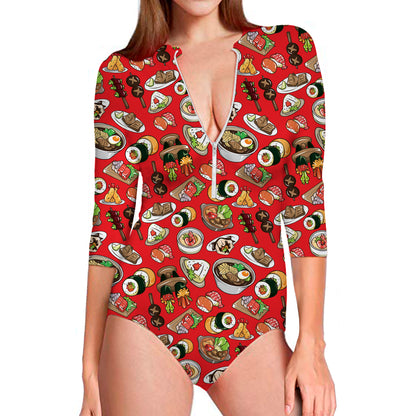 Japanese Food Pattern Print Long Sleeve Swimsuit