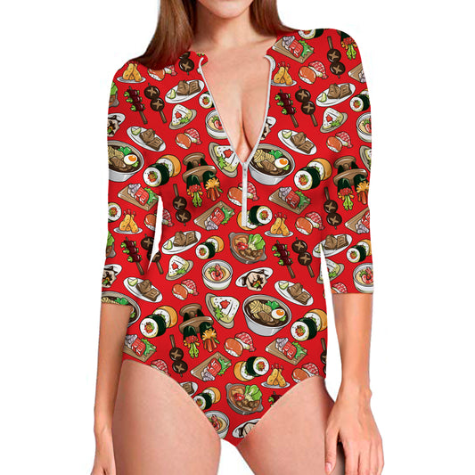 Japanese Food Pattern Print Long Sleeve Swimsuit