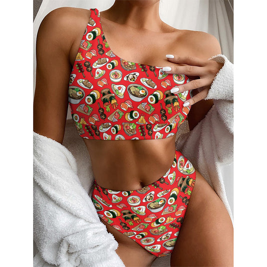 Japanese Food Pattern Print One Shoulder Bikini Top