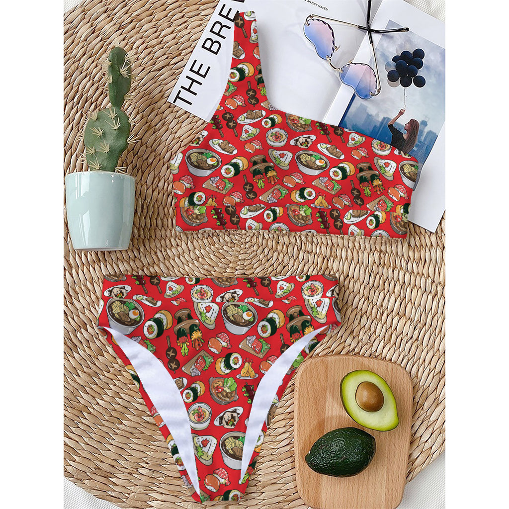 Japanese Food Pattern Print One Shoulder Bikini Top