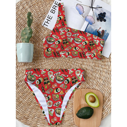 Japanese Food Pattern Print One Shoulder Bikini Top
