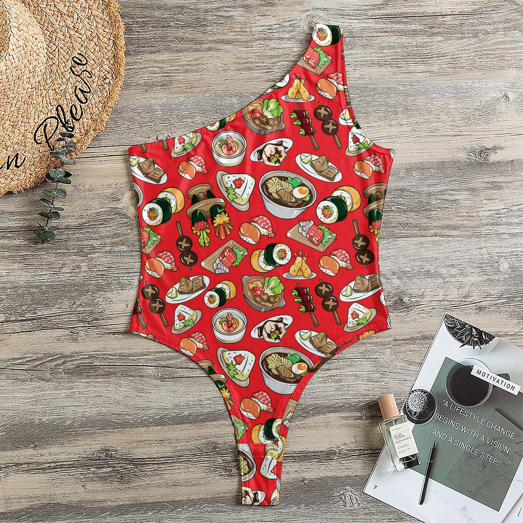 Japanese Food Pattern Print One Shoulder Bodysuit