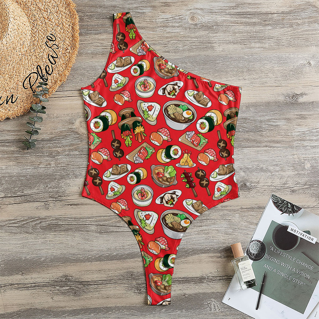 Japanese Food Pattern Print One Shoulder Bodysuit