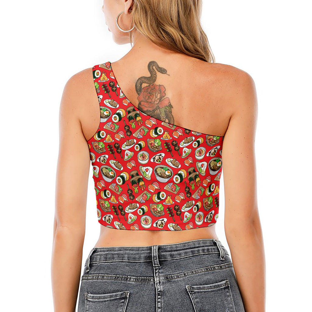 Japanese Food Pattern Print One Shoulder Crop Top