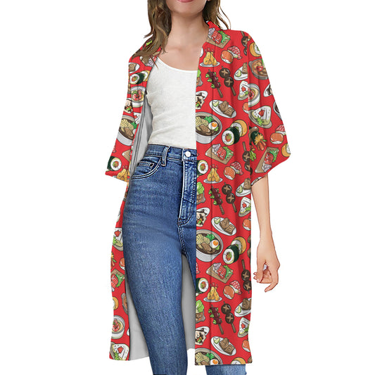 Japanese Food Pattern Print Open Front Beach Cover Up