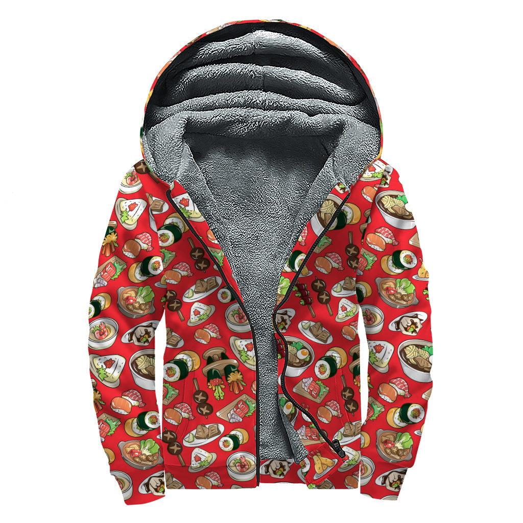 Japanese Food Pattern Print Sherpa Lined Zip Up Hoodie