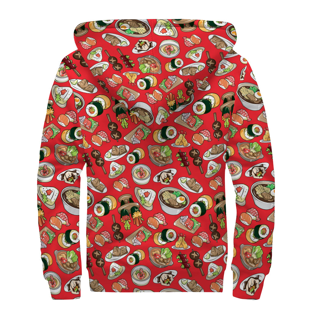 Japanese Food Pattern Print Sherpa Lined Zip Up Hoodie