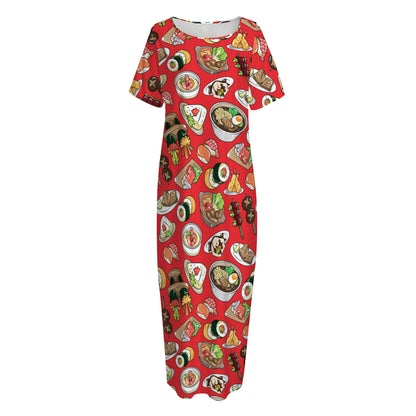 Japanese Food Pattern Print Short Sleeve Long Nightdress