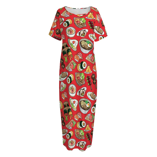 Japanese Food Pattern Print Short Sleeve Long Nightdress