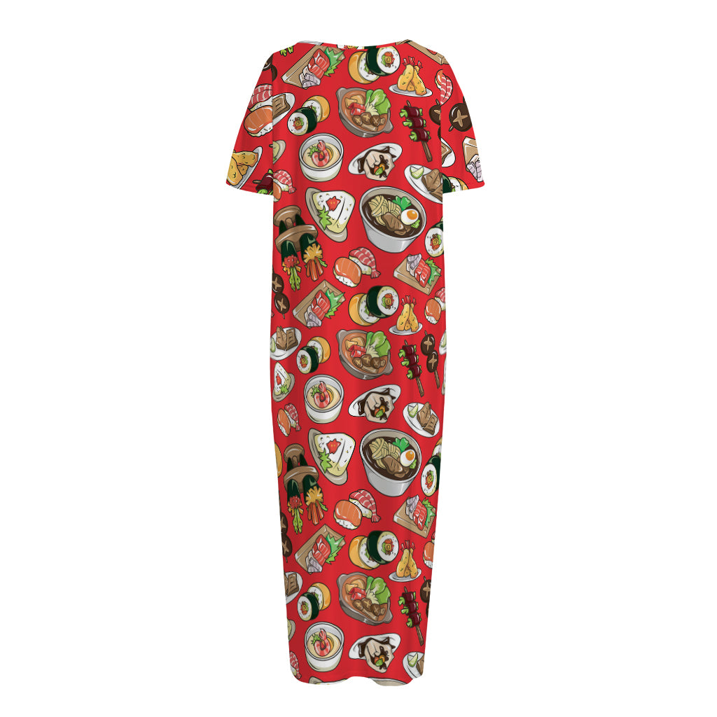 Japanese Food Pattern Print Short Sleeve Long Nightdress