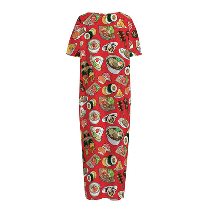 Japanese Food Pattern Print Short Sleeve Long Nightdress