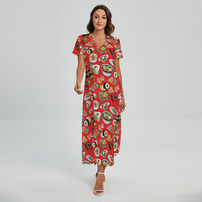 Japanese Food Pattern Print Short Sleeve Maxi Dress