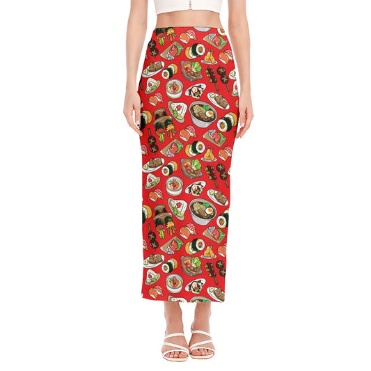 Japanese Food Pattern Print Side Slit Maxi Skirt