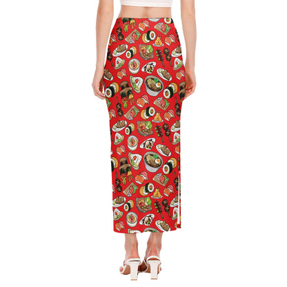 Japanese Food Pattern Print Side Slit Maxi Skirt