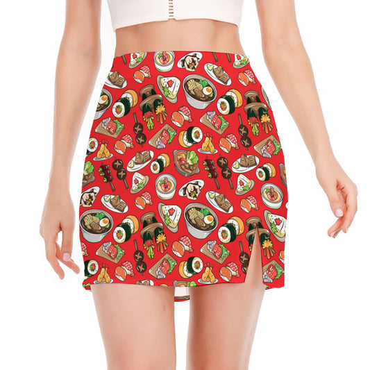 Japanese Food Pattern Print Side Slit Mini Skirt