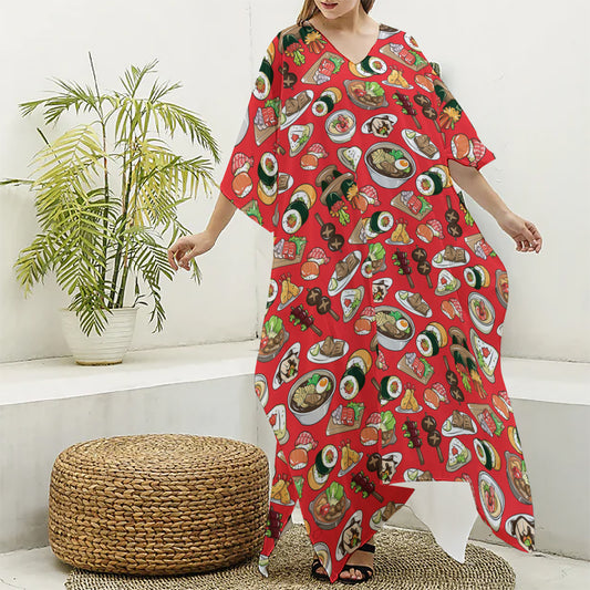 Japanese Food Pattern Print Silk V-Neck Kaftan Dress