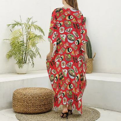 Japanese Food Pattern Print Silk V-Neck Kaftan Dress