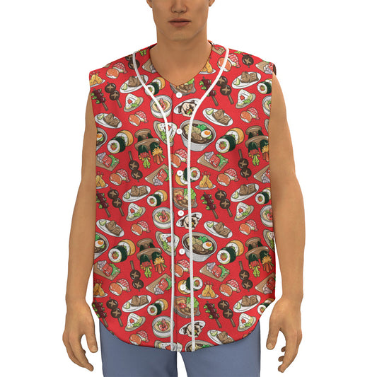 Japanese Food Pattern Print Sleeveless Baseball Jersey