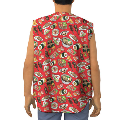 Japanese Food Pattern Print Sleeveless Baseball Jersey