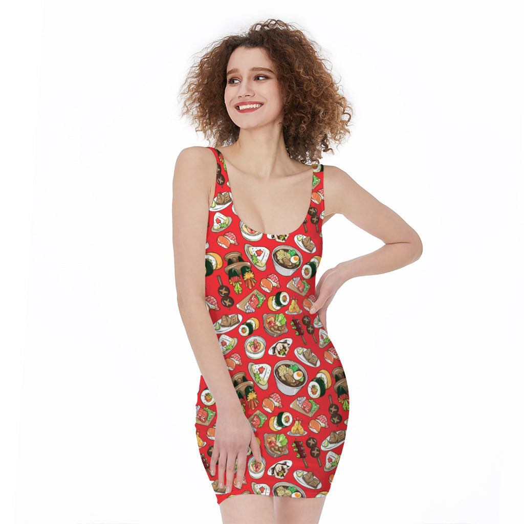 Japanese Food Pattern Print Sleeveless Bodycon Dress
