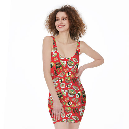Japanese Food Pattern Print Sleeveless Bodycon Dress