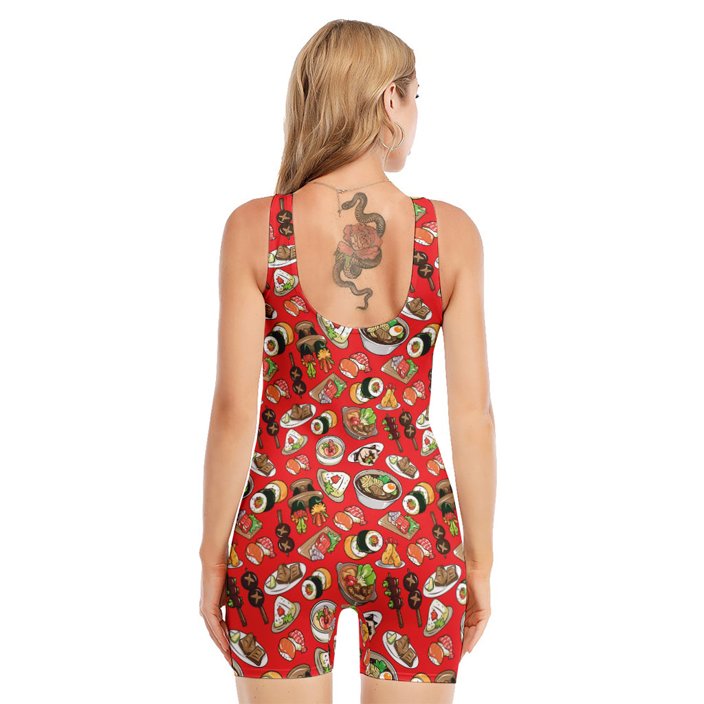 Japanese Food Pattern Print Sleeveless One Piece Swimsuit
