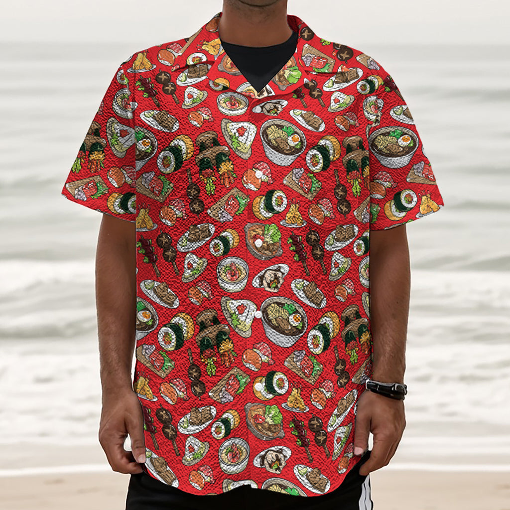 Japanese Food Pattern Print Textured Short Sleeve Shirt