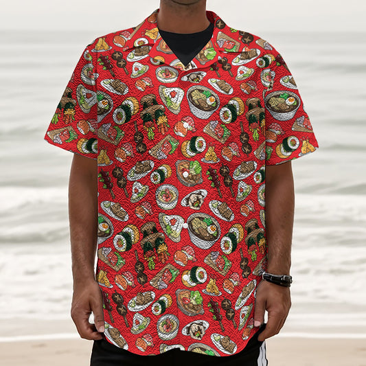Japanese Food Pattern Print Textured Short Sleeve Shirt