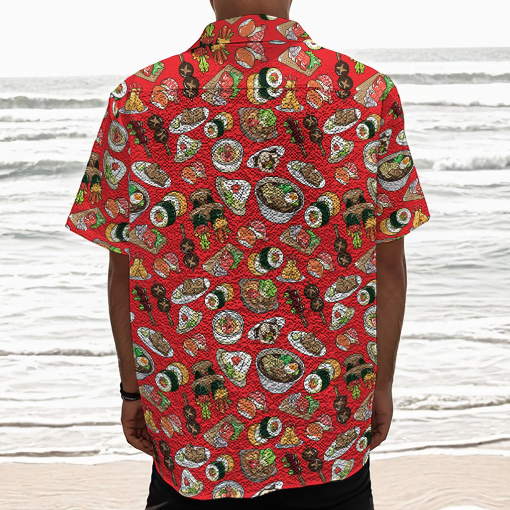 Japanese Food Pattern Print Textured Short Sleeve Shirt