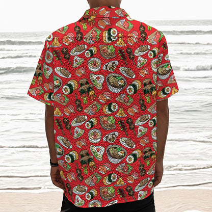 Japanese Food Pattern Print Textured Short Sleeve Shirt