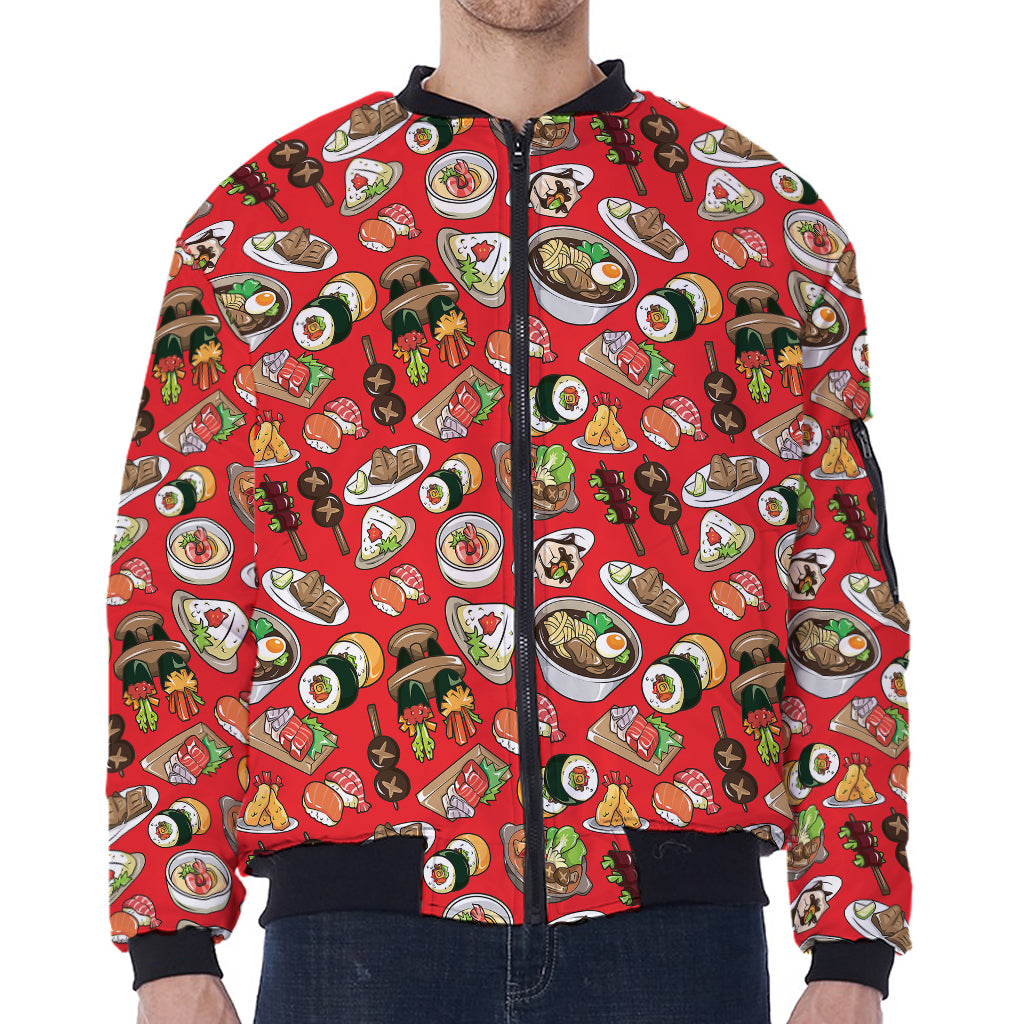 Japanese Food Pattern Print Zip Sleeve Bomber Jacket