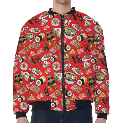 Japanese Food Pattern Print Zip Sleeve Bomber Jacket