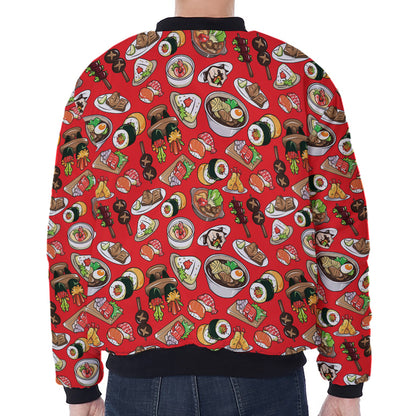 Japanese Food Pattern Print Zip Sleeve Bomber Jacket