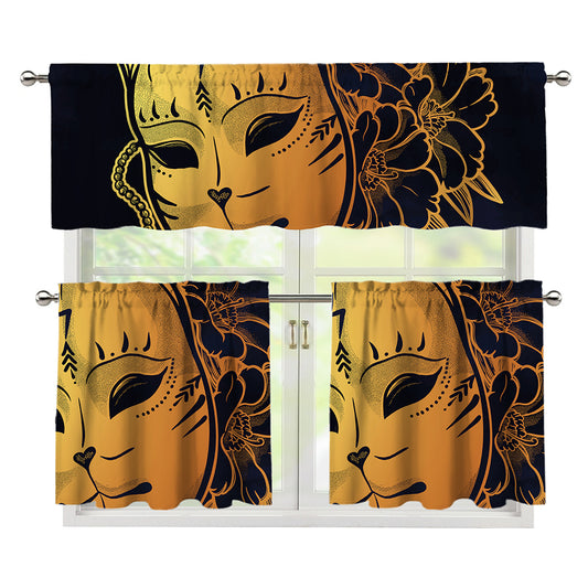 Japanese Fox Mask Print 3 Piece Kitchen Curtains