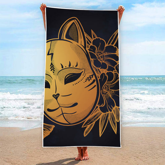 Japanese Fox Mask Print Beach Towel