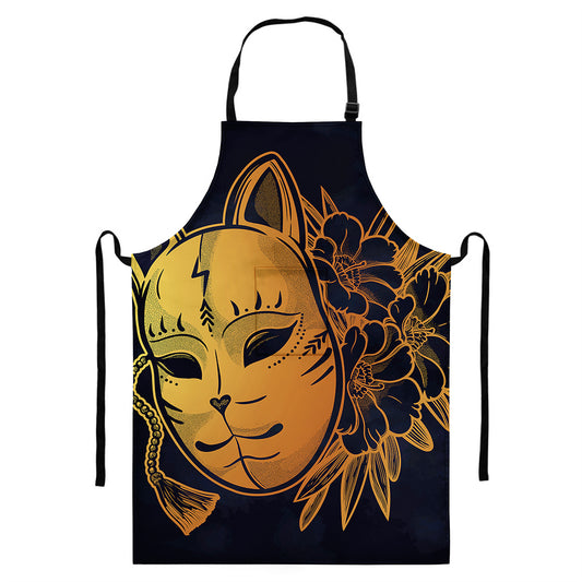 Japanese Fox Mask Print Bib Apron With Pocket