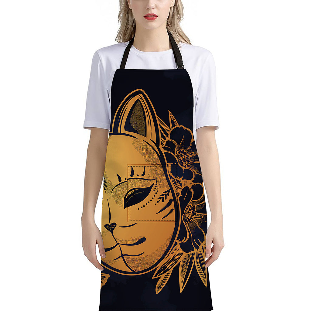 Japanese Fox Mask Print Bib Apron With Pocket