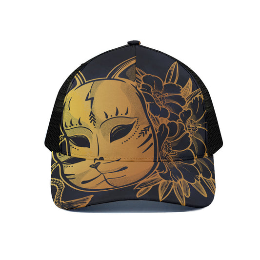 Japanese Fox Mask Print Black Mesh Trucker Cap