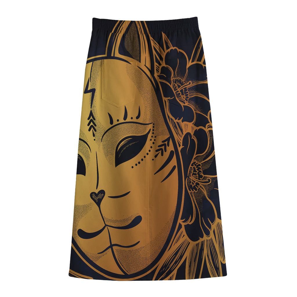 Japanese Fox Mask Print Cotton Front Slit Maxi Skirt