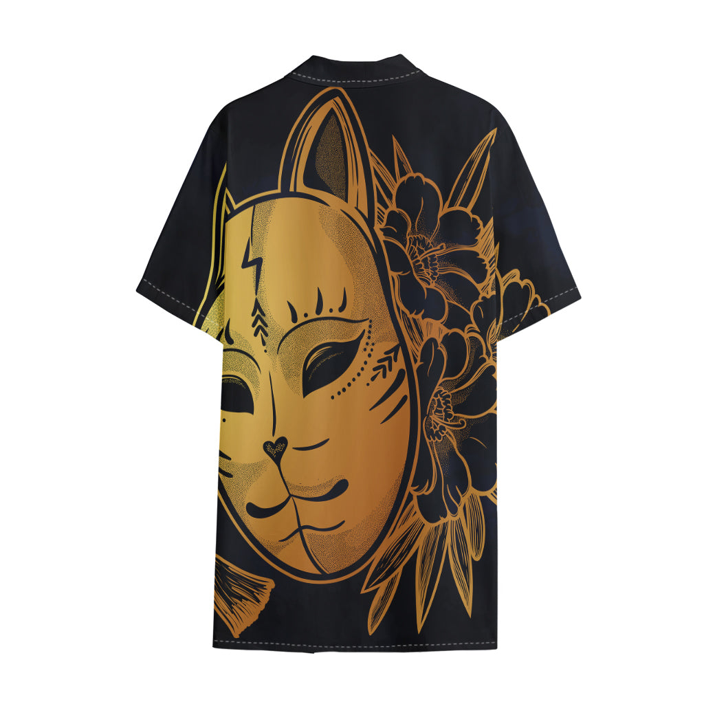 Japanese Fox Mask Print Cotton Hawaiian Shirt