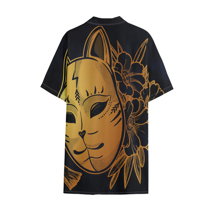 Japanese Fox Mask Print Cotton Hawaiian Shirt