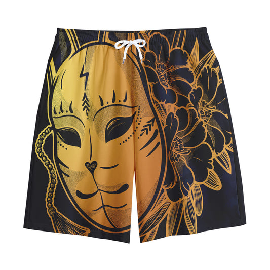 Japanese Fox Mask Print Cotton Shorts