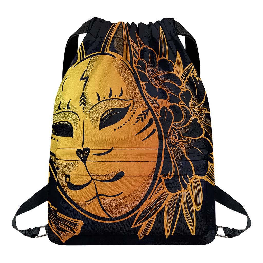 Japanese Fox Mask Print Drawstring Backpack