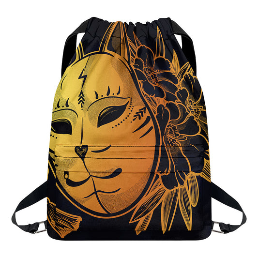 Japanese Fox Mask Print Drawstring Backpack