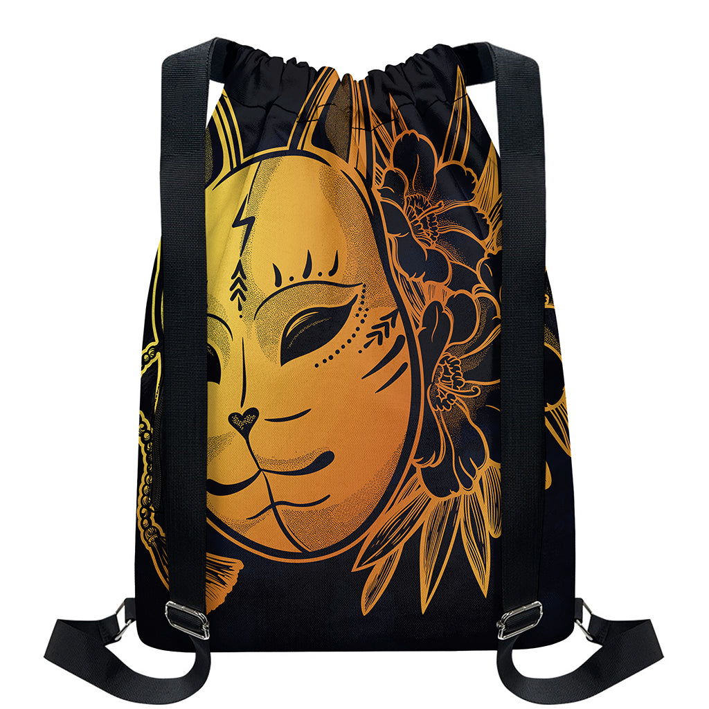 Japanese Fox Mask Print Drawstring Backpack