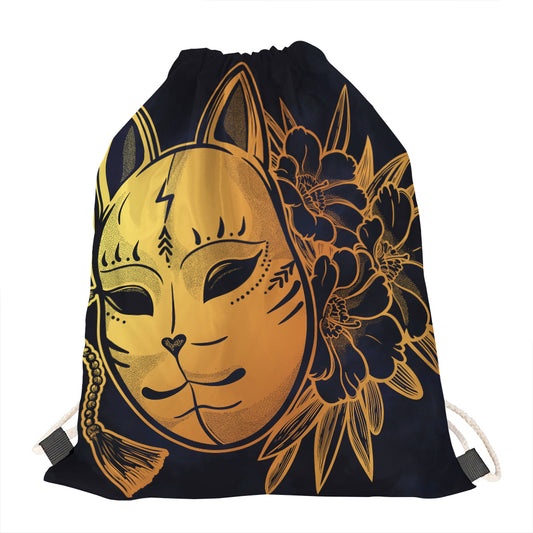 Japanese Fox Mask Print Drawstring Bag