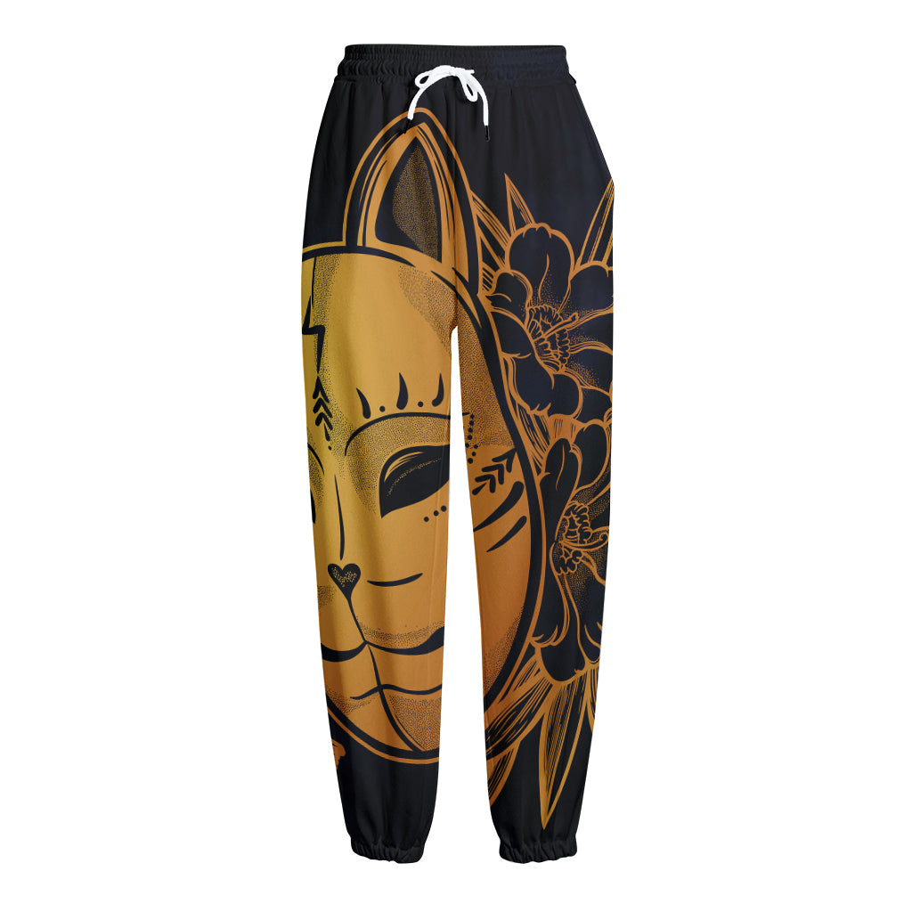 Japanese Fox Mask Print Fleece Lined Knit Pants